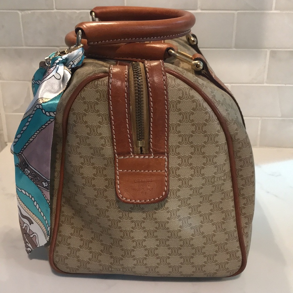Celine Tan and Brown Satchel with Patterned Scarf - Picture 4 of 16